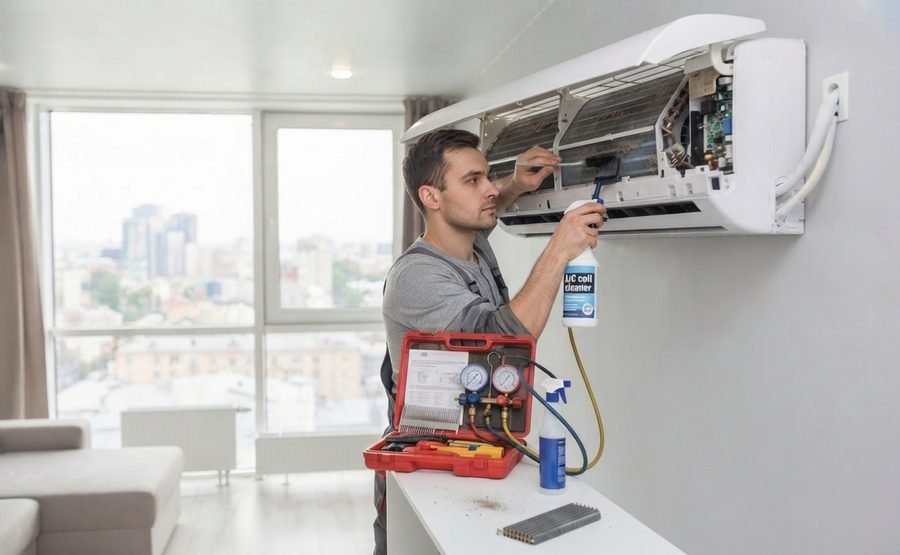 Technicien nettoyant les grilles d'une climatisation murale avec un produit d'entretien